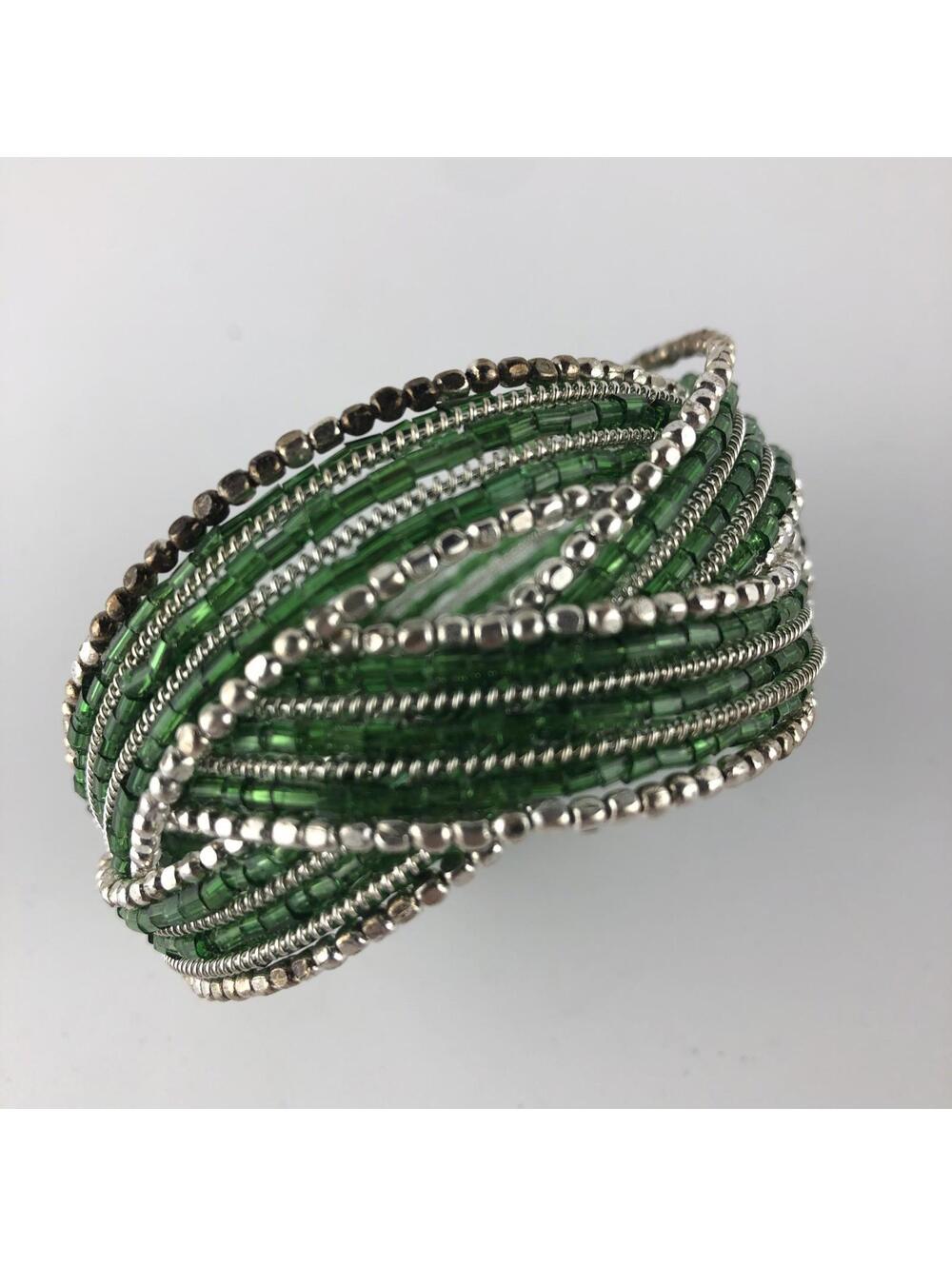 Beautiful Cuff Wrap Bracelet Silver Tone Green Beads 1 1/2" hand made in India
